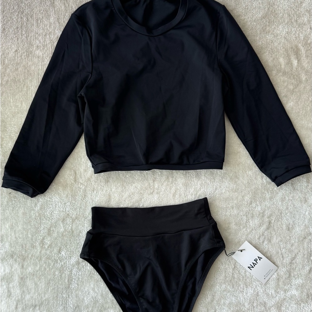 Black Long-Sleeve Bikini Set - High-Waist Bottoms
